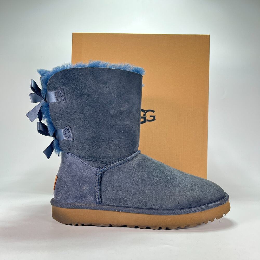 UGG W Bailey Bow II Navy Blue Sheepskin Pull On Winter Boots 1016225 Womens Sz 9